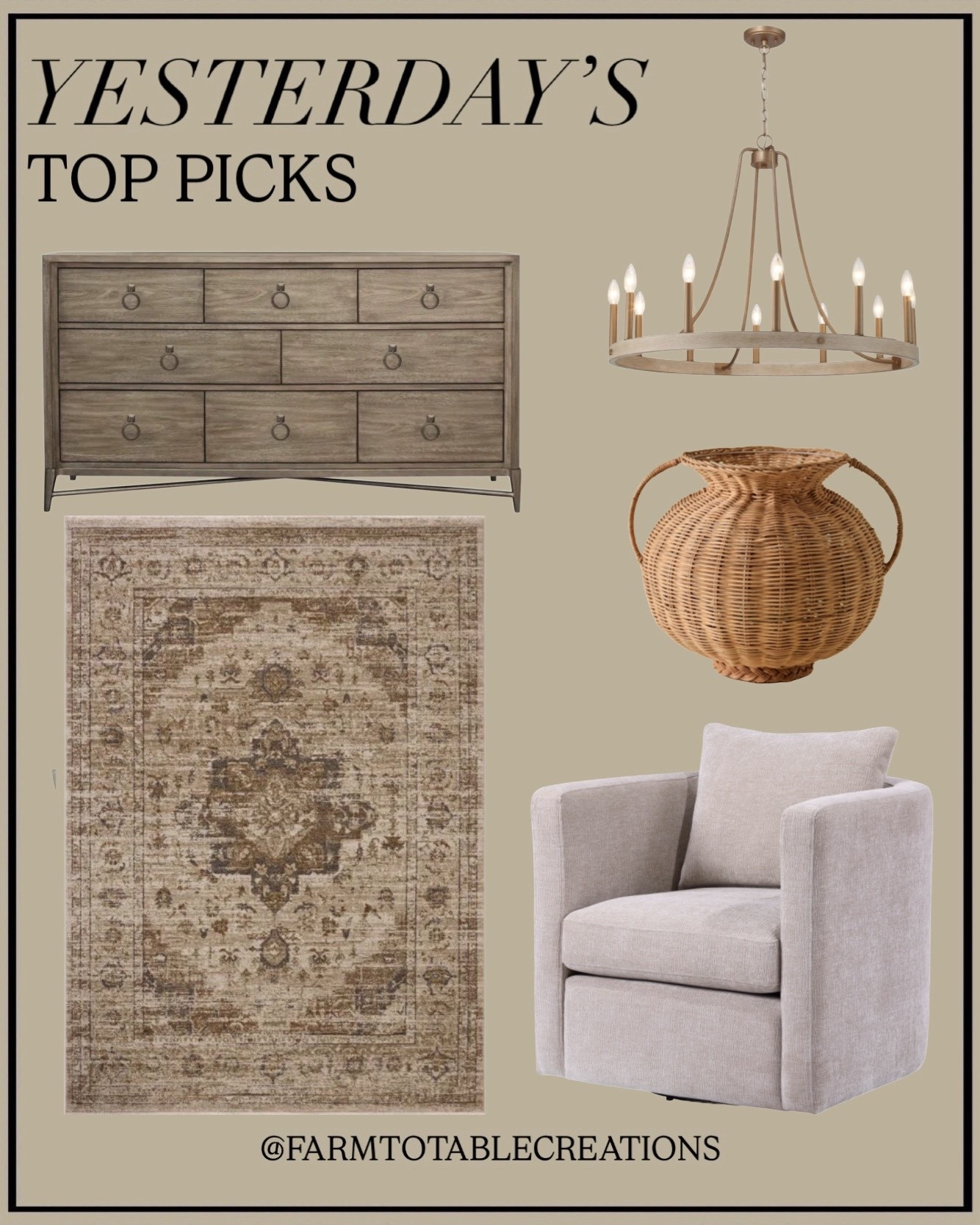 Neutral Home Decor Finds: Accent Chair, Vintage Rug, Wood Dresser & Wicker Basket

Follow @farmtotablecreations on Instagram for more home styling ideas and daily decor finds.

Yesterday’s top picks are all about warm neutrals and timeless textures that work in so many spaces. From a cozy accent chair and vintage-inspired rug to a beautiful wood dresser, woven basket, and statement chandelier — these pieces help create a layered, inviting look throughout the home. Perfect for living rooms, bedrooms, or entryways when you want that collected, designer-inspired feel without overcomplicating the space.

#accentchair #livingroomrug #dressers #chandelier #wovenbasket #livingroomfurniture #neutraldecor #homedecorfinds

#LTKSaleAlert #LTKHome
