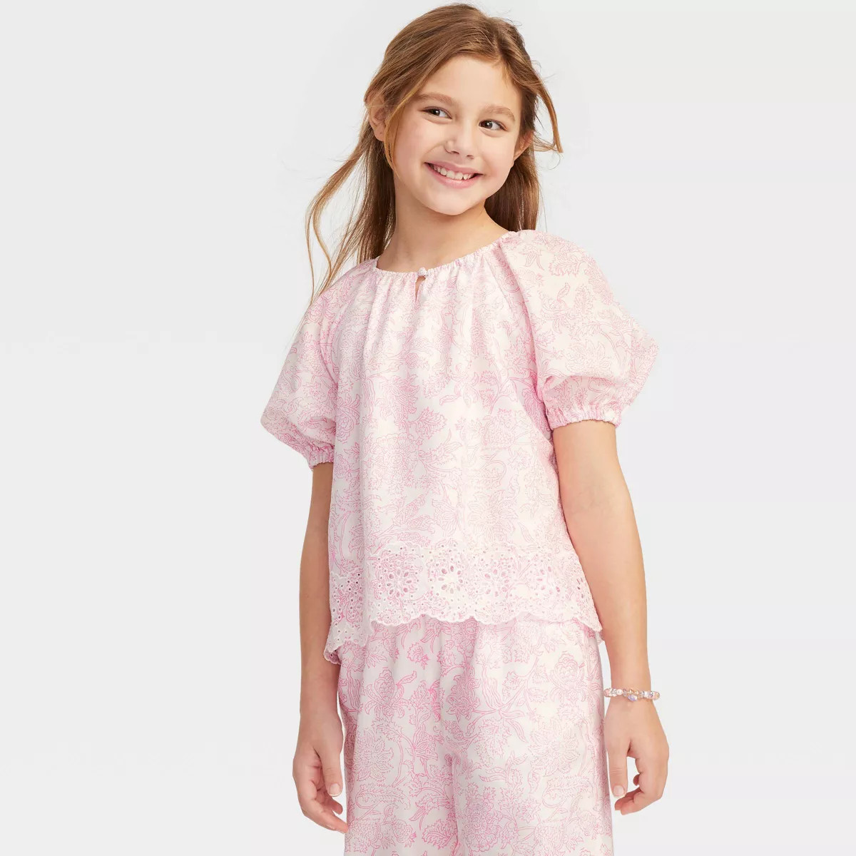 Girls' Sketched Floral Short Sleeve Eyelet Hem Top Pink - Roller Rabbit x Target XL | Target