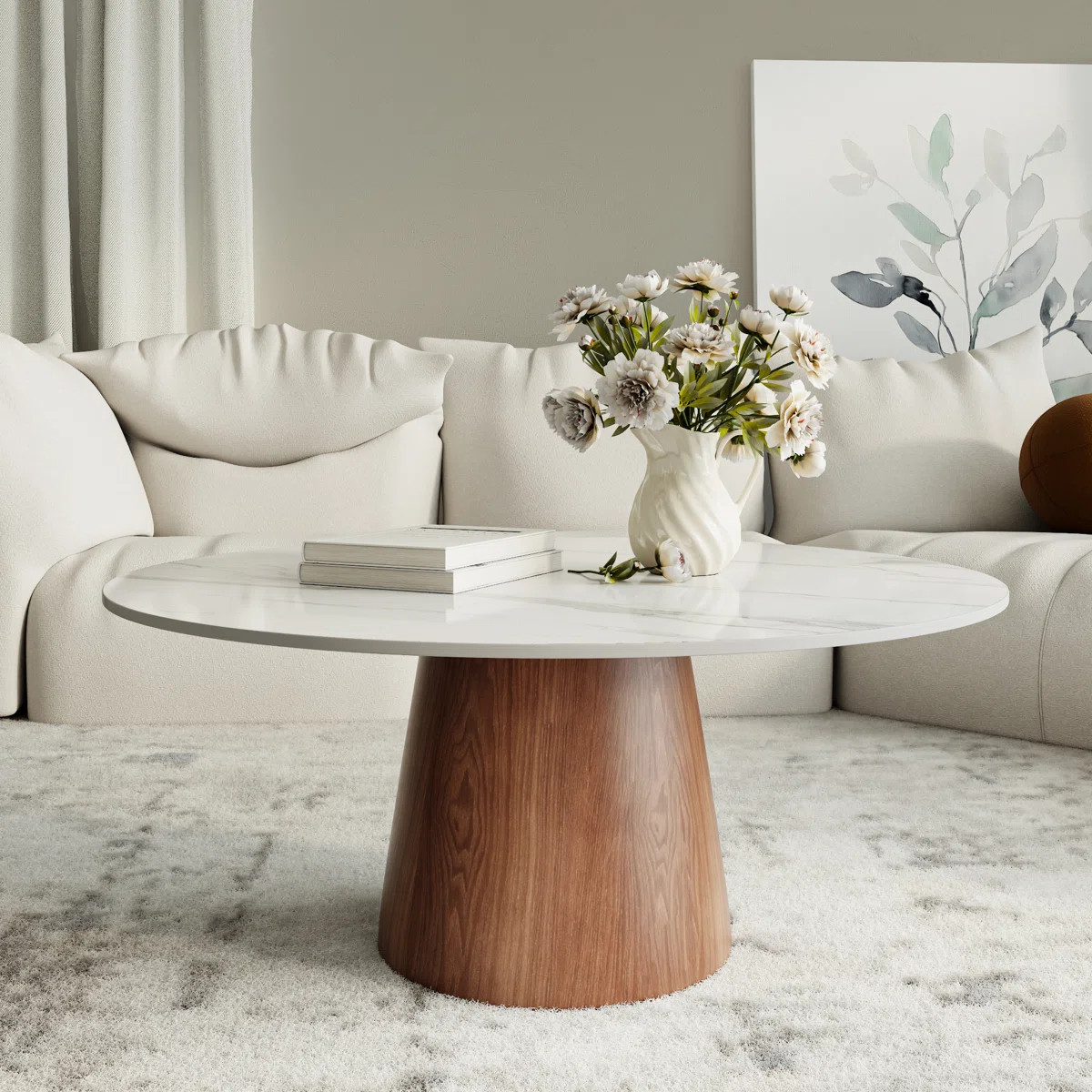 Stone Round Coffee Table Wooden Pedestal Center Cocktail Table Side Table Mid-Century Modern For ... | Wayfair North America
