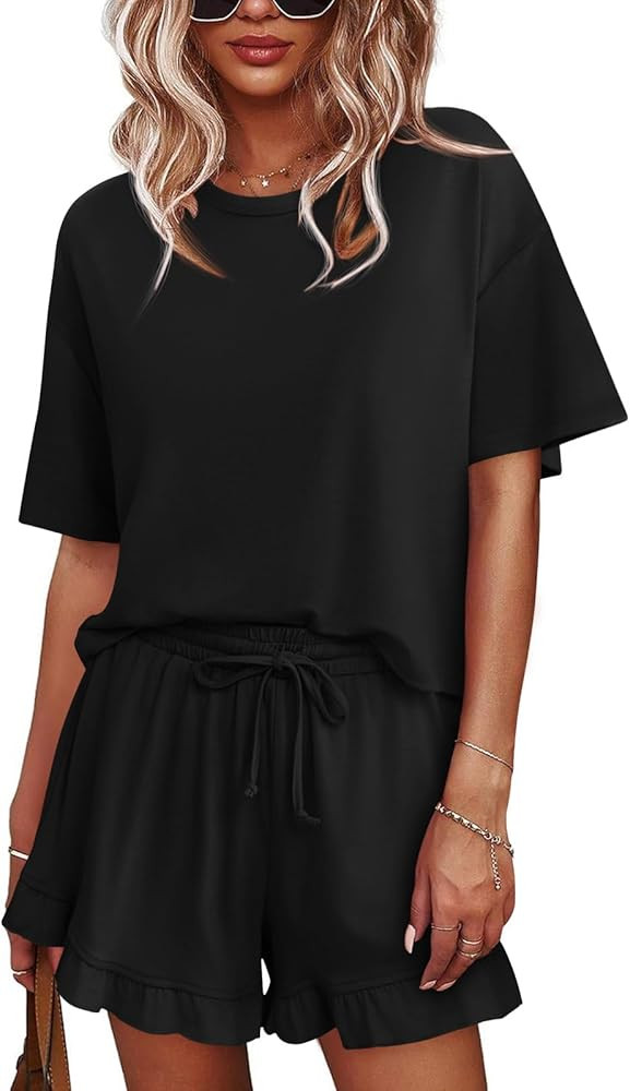 Tankaneo Womens Pajamas Set Lounge Sets Cropped Short Sleeve T Shirts Drawstring Ruffle Shorts So... | Amazon (US)