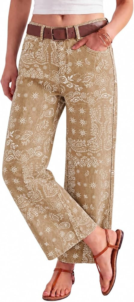 Tankaneo Womens Baggy Wide Leg Jeans Floral Print Boho High Waist Vintage Boyfriend Denim Pants w... | Amazon (US)
