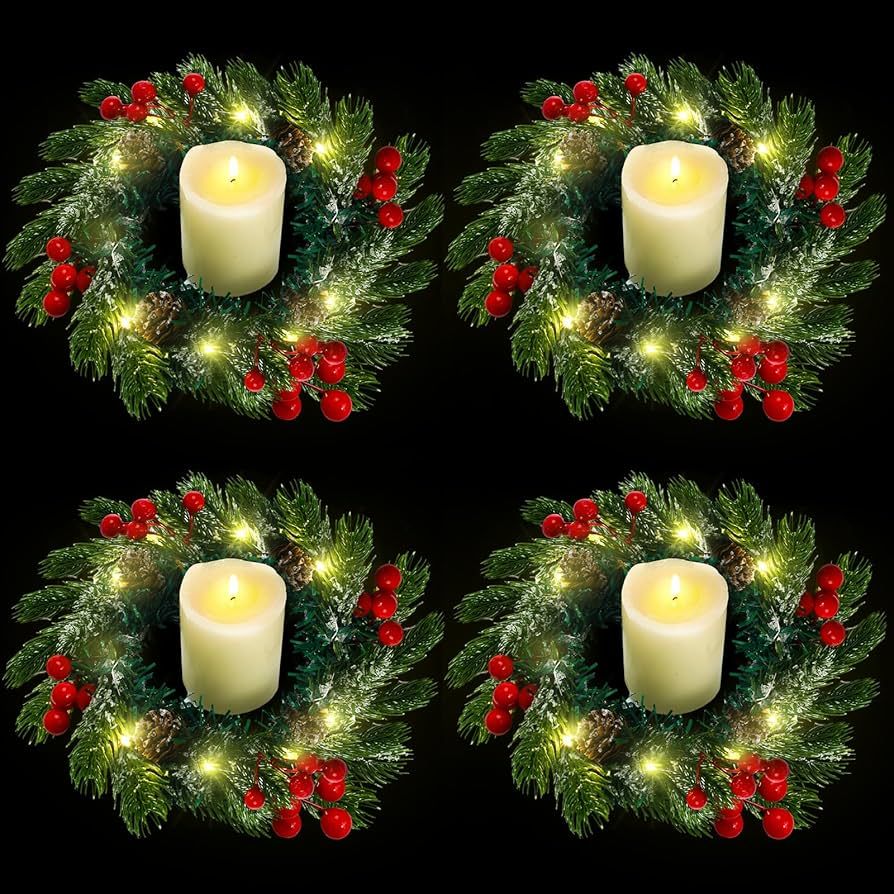 Lyrow 4 Pcs Christmas Candle Rings with LED Lights Mini Wreaths Red Berry Pine Faux Snow Wreath A... | Amazon (US)