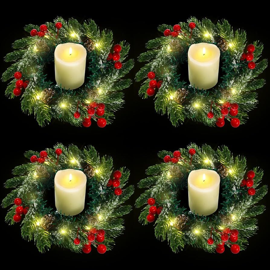 Lyrow 4 Pcs Christmas Candle Rings with LED Lights Mini Wreaths Red Berry Pine Faux Snow Wreath A... | Amazon (US)