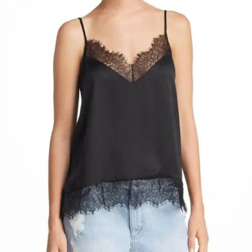 Women Satin Lace Trim Patchwork Cami Tops Silk Spaghetti Strap Camisole Tops Y2k Girls Loose Going Out Tank Top Streetwear (b Black, M) | Amazon (US)
