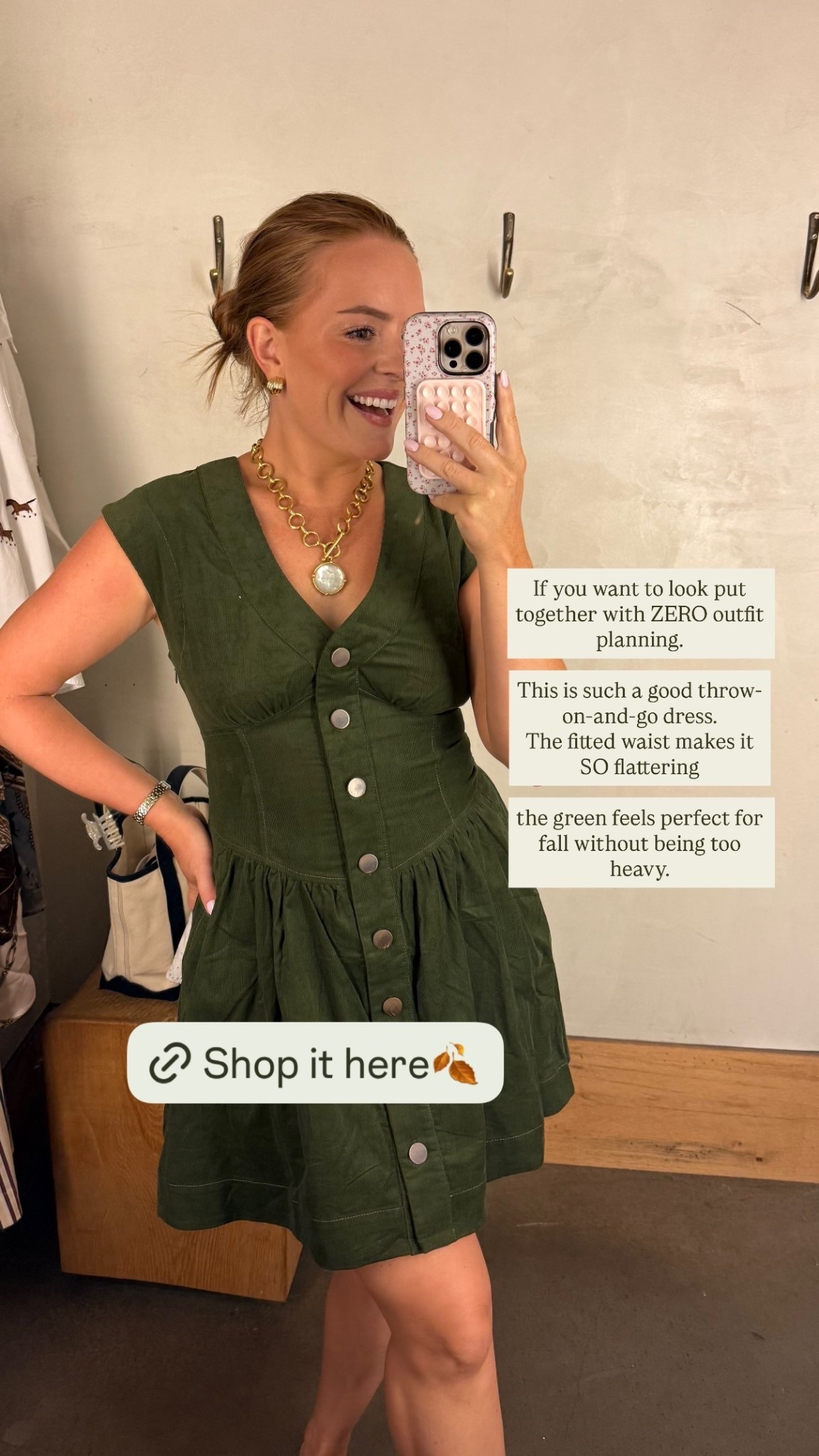 If you want to look put together with ZERO outfit planning…

This is such a good throw-on-and-go dress.
The fitted waist makes it SO flattering

the green feels perfect for fall without being too heavy.
