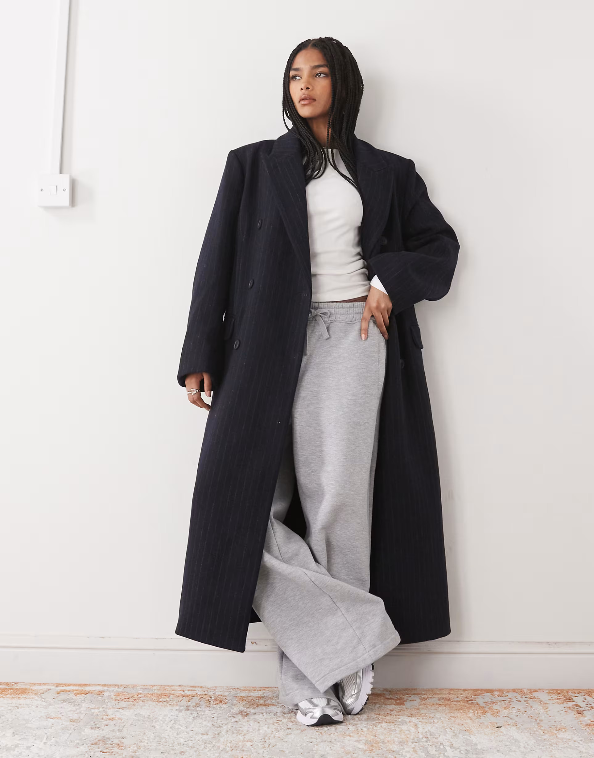 Weekday Logan wool blend oversized double breasted coat in dark navy pinstripe | ASOS | ASOS (Global)