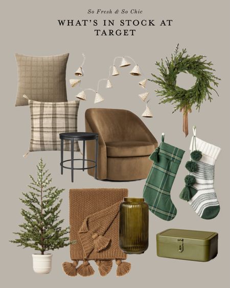 What’s new and in stock at Target today.
-
Studio McGee threshold decor - target decor sale - affordable home decor - hearth and hand home decor - velvet curved back armchair - plaid throw pillow neutral - olive green textured check throw pillow - Christmas wreath with ribbon - white ceramic bell garland - brown throw blanket with tassels - faux Christmas tree in pot hearth and hand - olive green glass vase - green metal box - black round accent table studio mcgee marvale - green check Christmas stockings hearth and hand - Christmas home decor - fall decor 

#LTKhome #LTKsalealert #LTKHoliday