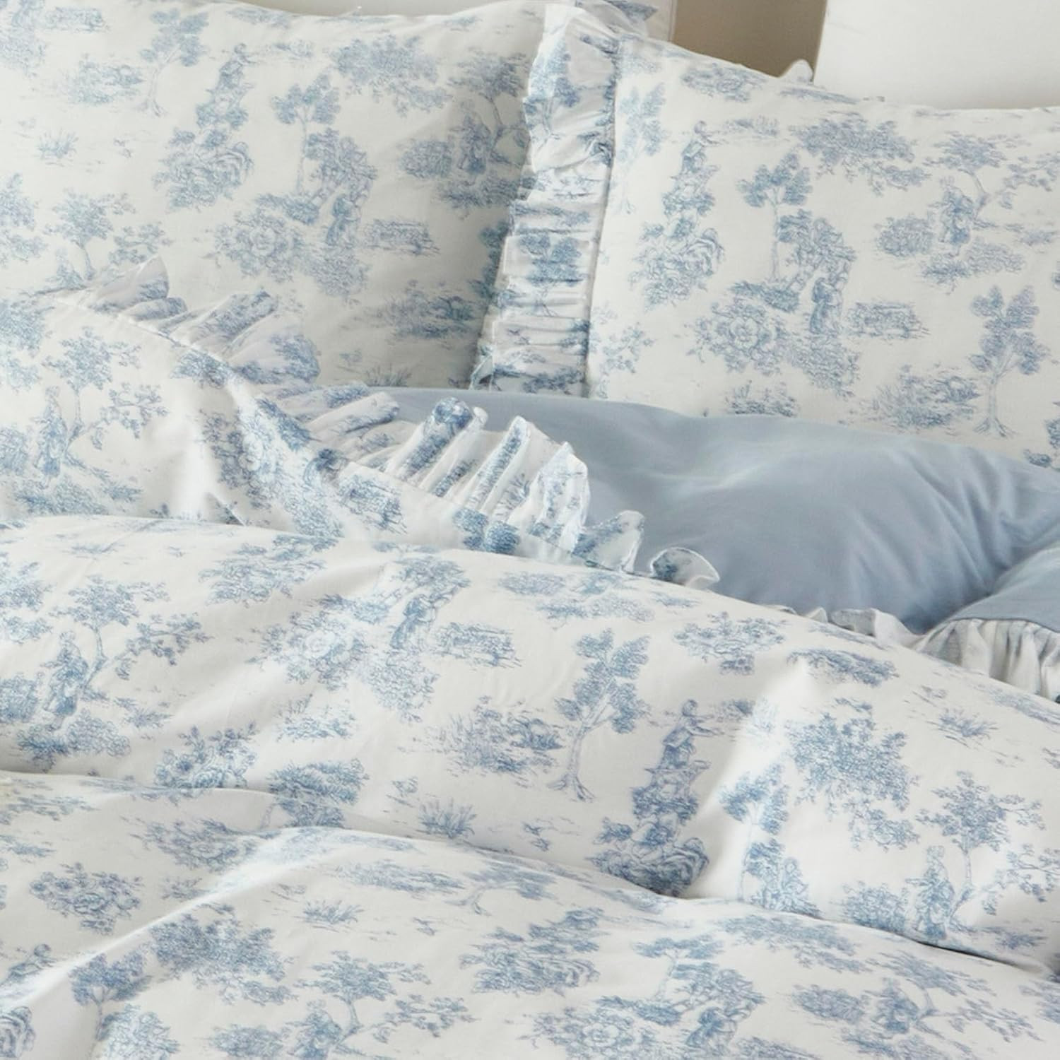 Brandream French Country Toile Duvet Cover Set Full Size for Girls Bedroom Vintage Blue Toile Floral Print 100% Cotton Delicate Ruffle Fringe Soft and Breathable, 3 Pieces Bedding with Zipper Closure | Amazon (US)