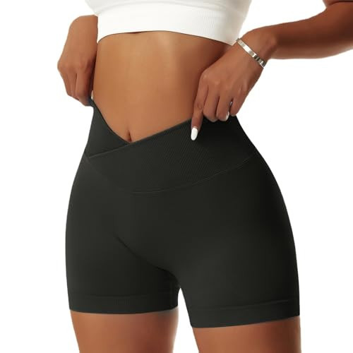 Vertvie Women's Workout Gym Shorts Booty V Cross Spandex Yoga Biker Shorts Scrunch Butt High Waisted Athletic Leggings (Black,X-Large) | Amazon (US)