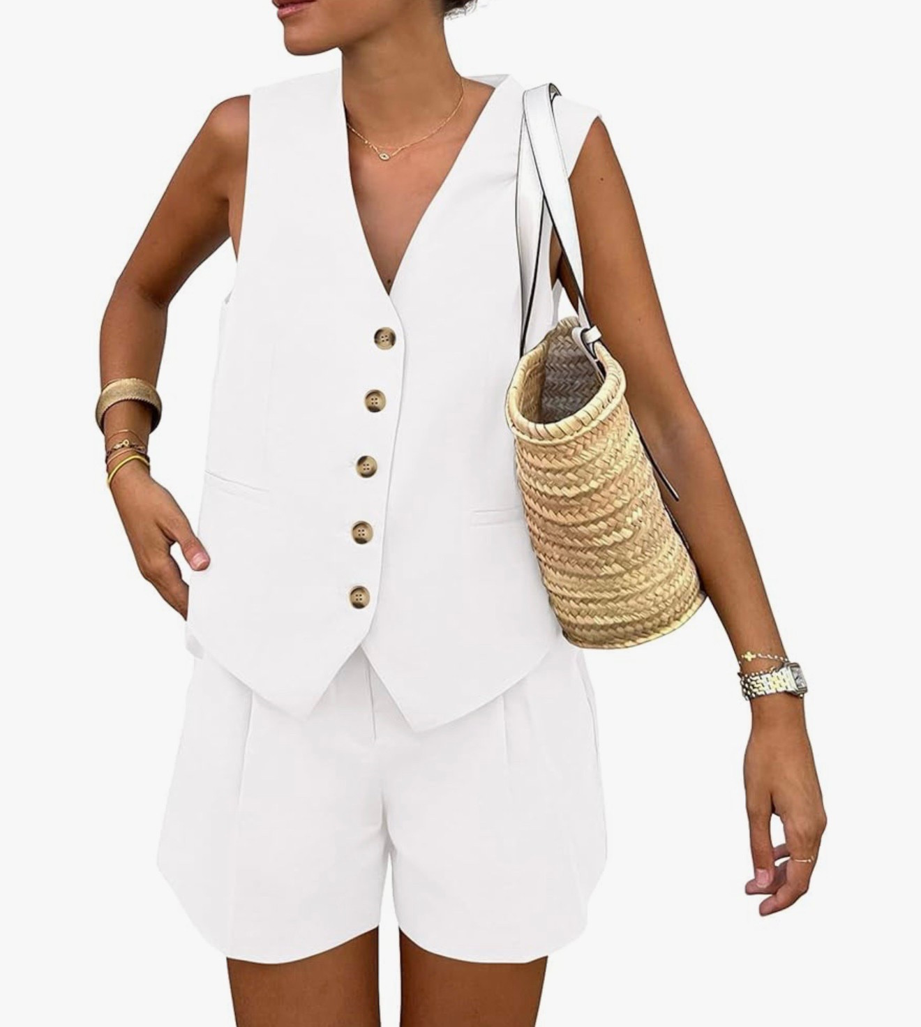 Women's Summer 2 Piece Outfits Sleeveless Matching Sets Button Down V Neck Vest Waistcoat and Pockets Shorts 

#LTKSeasonal #LTKStyleTip