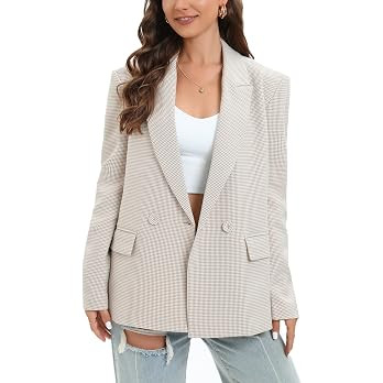TRNY Women's Oversized Double-Breasted Houndstooth Blazer Jacket with Pockets - Long Sleeve Casua... | Amazon (US)