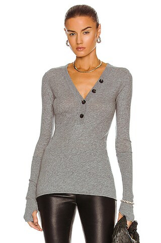 Enza Costa Cashmere Long Sleeve Cuffed Henley Top in Smoke | FWRD | FWRD 