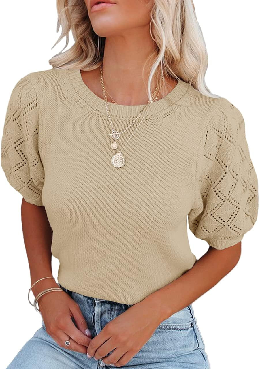 Womens Short Sleeve Sweaters Crewneck Knit Pullover Tops Casual Lightweight Crochet Blouse Shirt | Amazon (US)