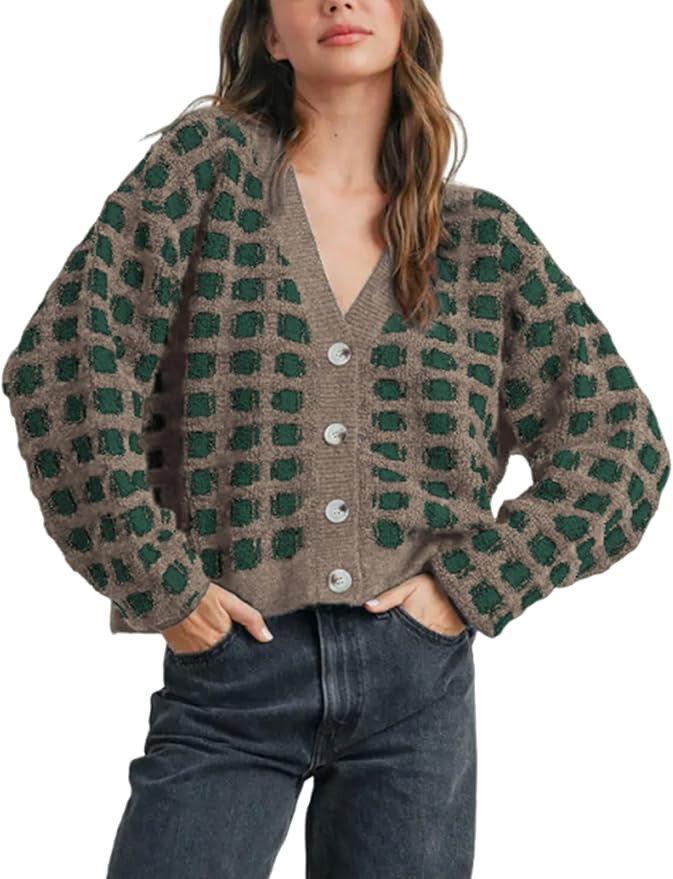 Ailoqing Womens Checkered Cardigans Sweaters V Neck Button Down Long Sleeve Cable Knit Outerwear ... | Amazon (US)