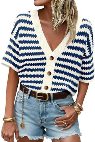 Saodimallsu Womens Short Sleeve Striped Cardigan Sweaters Crochet Knit Button Down Shirts V Neck ... | Amazon (US)