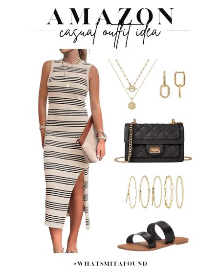 Amazon outfit idea, casual outfit idea, spring outfit idea, trendy outfit idea, knit dress, striped knit dress, midi dress, spring dress, knit midi dress, black sandals, slide sandals, quilted purse, crossbody purse, black purse, bracelet set, gold bracelets, dainty bracelets, layered necklaces, initial necklace, gold necklaces, paperclip earrings, gold earrings 

#LTKfindsunder50 #LTKshoecrush #LTKitbag