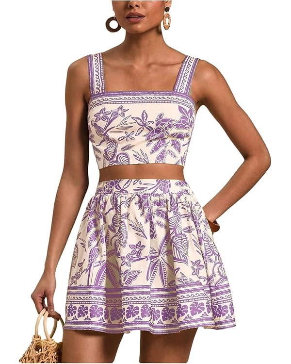 Floerns Women's Two Piece Outfit Tropical Crop Cami Top and Summer Skirts Set | Amazon (US)