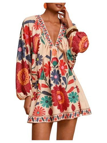 RoseSeek Women's Boho Floral V Neck Mini Dresses Bishop Sleeve Tie Open Back Tropical Dress | Amazon (US)