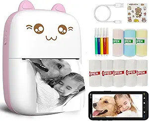 Mini Printer Portable, Inkless Sticker printer with 8 Rolls Paper, Bluetooth Wireless mini therma... | Amazon (US)