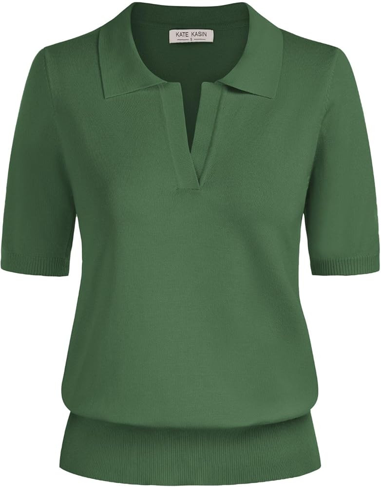 Kate Kasin Women Short Sleeve Polo Sweater V Neck Knitted Tops Casual Ribbed Shirt Loose Pullover... | Amazon (US)