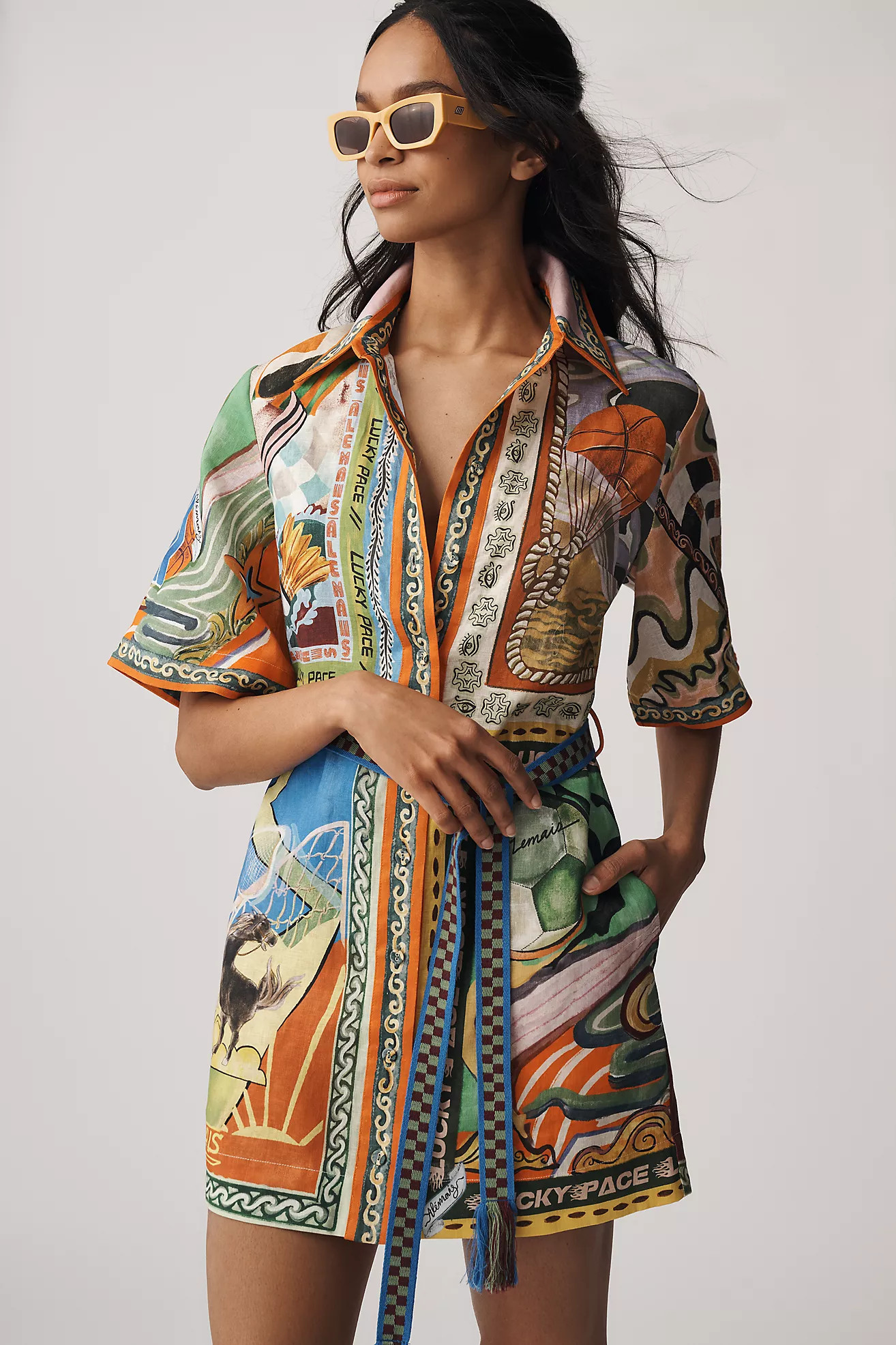 ALÉMAIS Lucky Pace Linen Short-Sleeve Belted Mini Shirt Dress | Anthropologie (US)