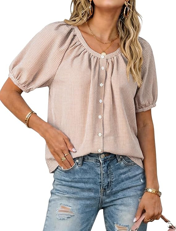 Tanming Womens Summer Plaid Shirts Puff Sleeve Gingham Blouses | Amazon (US)