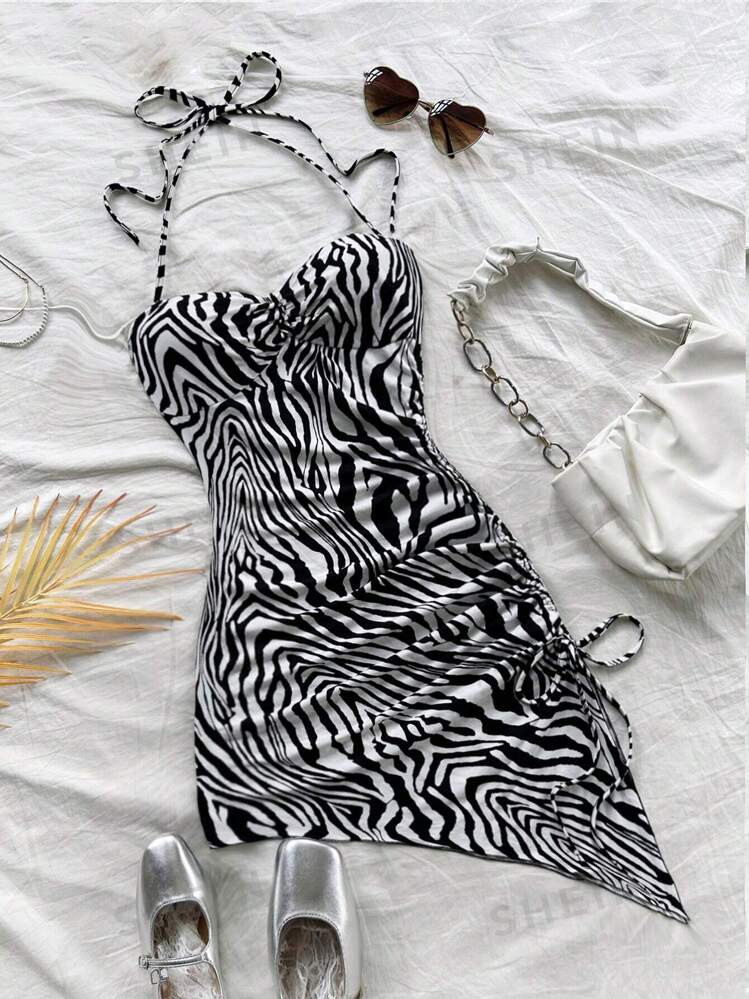 SHEIN Dreamara Women's Black And White Zebra Print Asymmetric Hem Halter Bow Tie Sleeveless Bodyc... | SHEIN