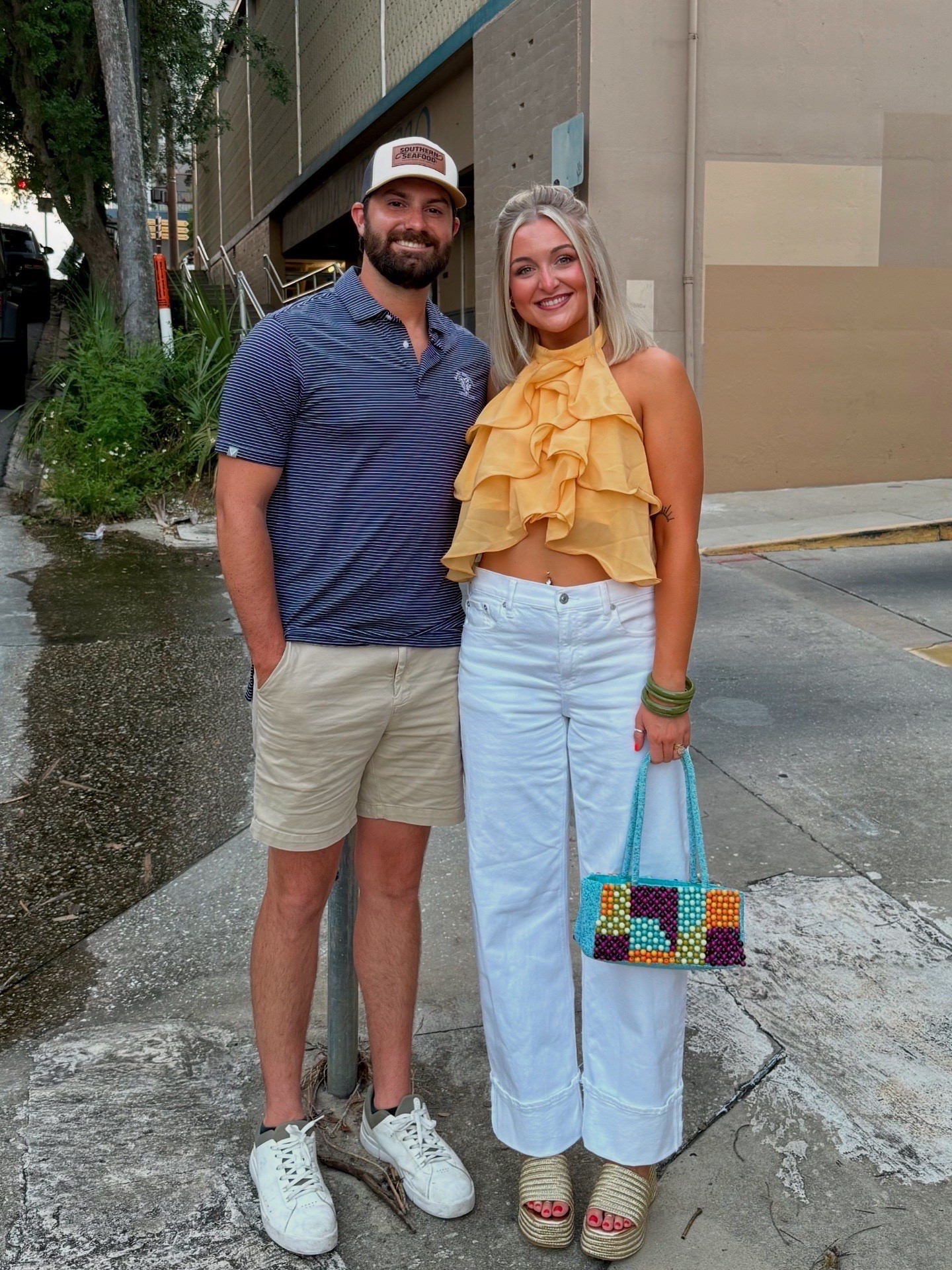 Shoes are “Steve Madden Realize Espadrille Platform Sandal” can’t find them to link but lots for sale on poshmark and linked other cute gold options 
Bag is TJ Maxx 