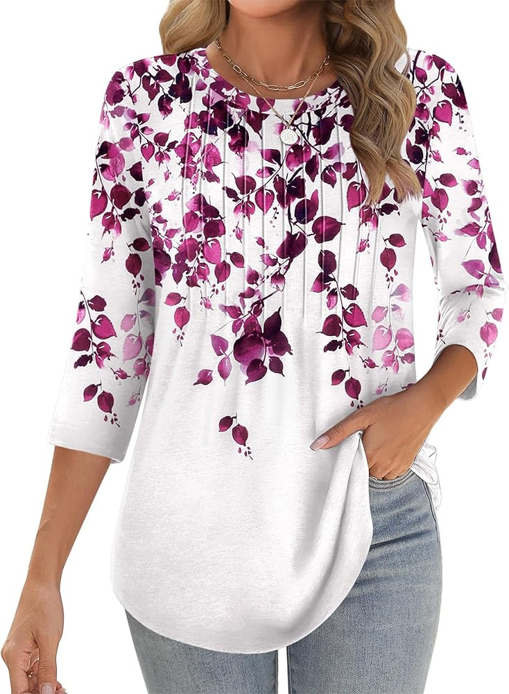 Zeagoo 3/4 Length Sleeve Womens Tops Crew Neck Loose Fit Shirts Pleated Cute Clothes Dressy Casua... | Amazon (US)