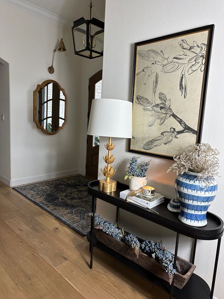 Entryway decor / home decor / transitional decor / spring decor / entry table / gold lamp / brass lamp / blue vase / ginger jar / 
Use my code “Trish15” for 15% off at Afloral-purchases $75+