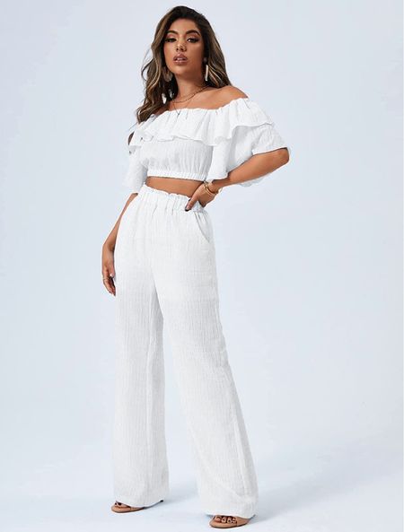Loving this ruffle sleeve two piece outfit perfect for the beach, cruise, summer vacation, date night!! Resort wear! Vacation outfit! 
