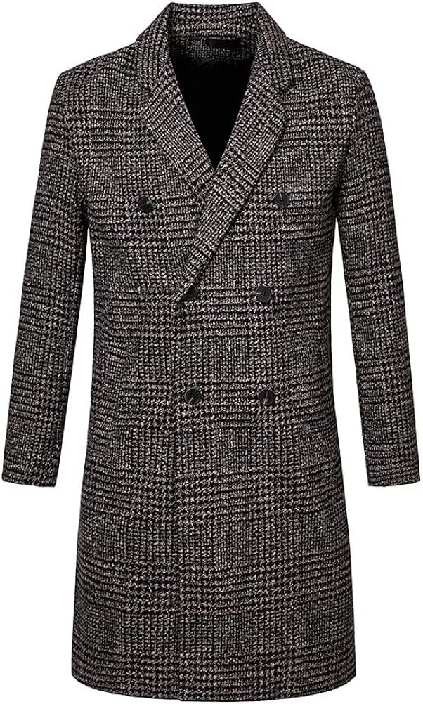 RONGKAI Mens Trench Pea Coat Casual Notch Lapel Double Breasted Plaid Tweed Mid Long Overcoat | Amazon (US)