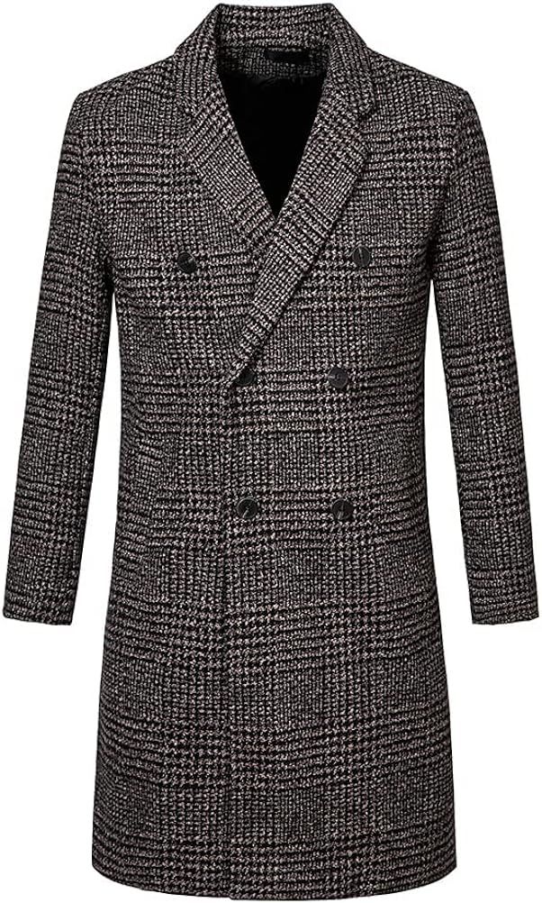 RONGKAI Mens Trench Pea Coat Casual Notch Lapel Double Breasted Plaid Tweed Mid Long Overcoat | Amazon (US)