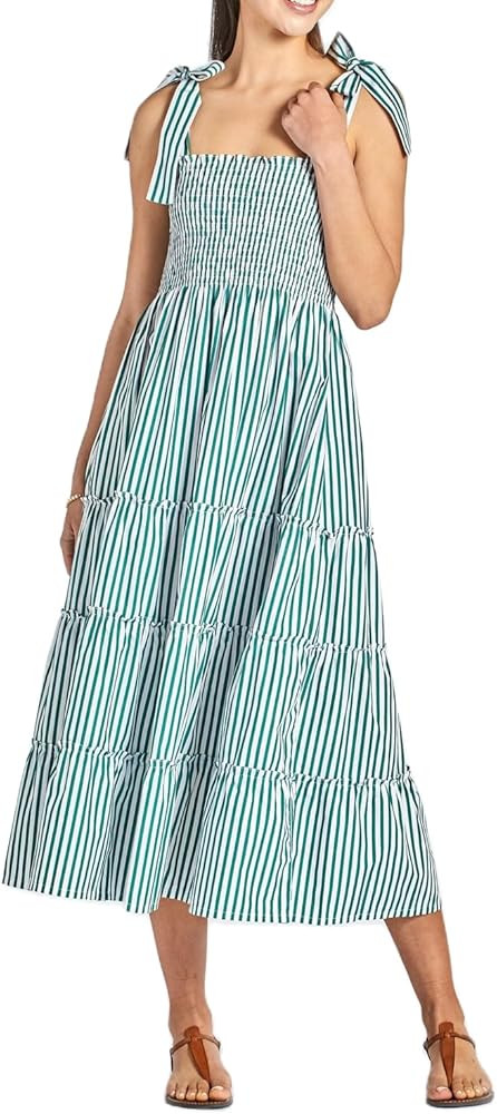 Women Summer Sleeveless Striped Maxi Dress Tie Shoulder Strap Smocked Flowy Dress Y2k Floral Beac... | Amazon (US)