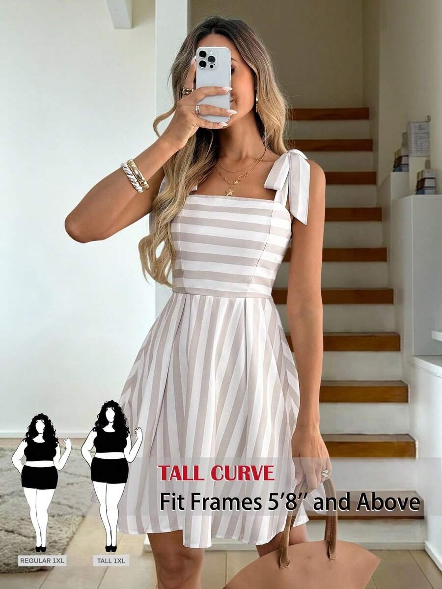 SHEIN Tall CURVE Plus Size Women's Elegant Summer White Striped Drawstring Strap Dress,Casual Vac... | SHEIN
