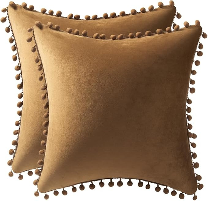 Throw Pillow Cases 20x20 Golden Brown: 2 Pack Cozy Soft Pom-poms Velvet Square Decorative Pillow ... | Amazon (US)