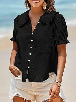 Tankaneo Womens Puff Sleeve Shirts Peter Pan Collar Button Down Cotton Blouse Casual Summer Textu... | Amazon (US)