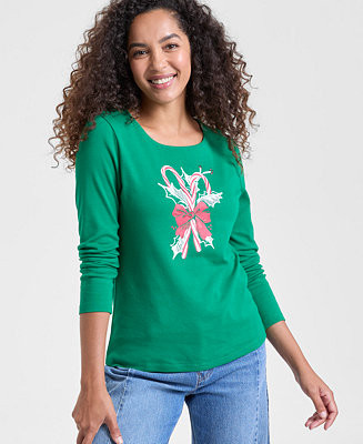 Holiday Lane Women's Candy Cane Graphic Top, PXS-4X, Macy's Exclusive - Macy's | Macy's