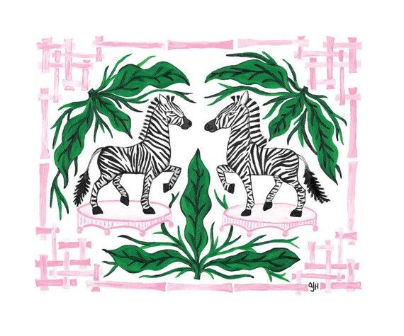 Yolanda & Tatty Zebra Painting with pink and green Border Art Print of original Painting palm leaf z | Etsy (US)