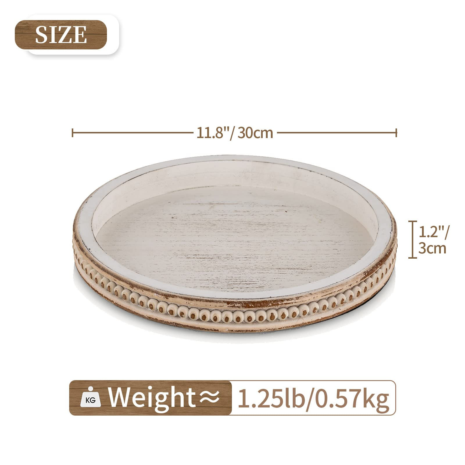 Hanobe Decorative Serving Tray Wood: White Washed Bead Round Tray for Coffee Table Rustic Wooden ... | Amazon (US)