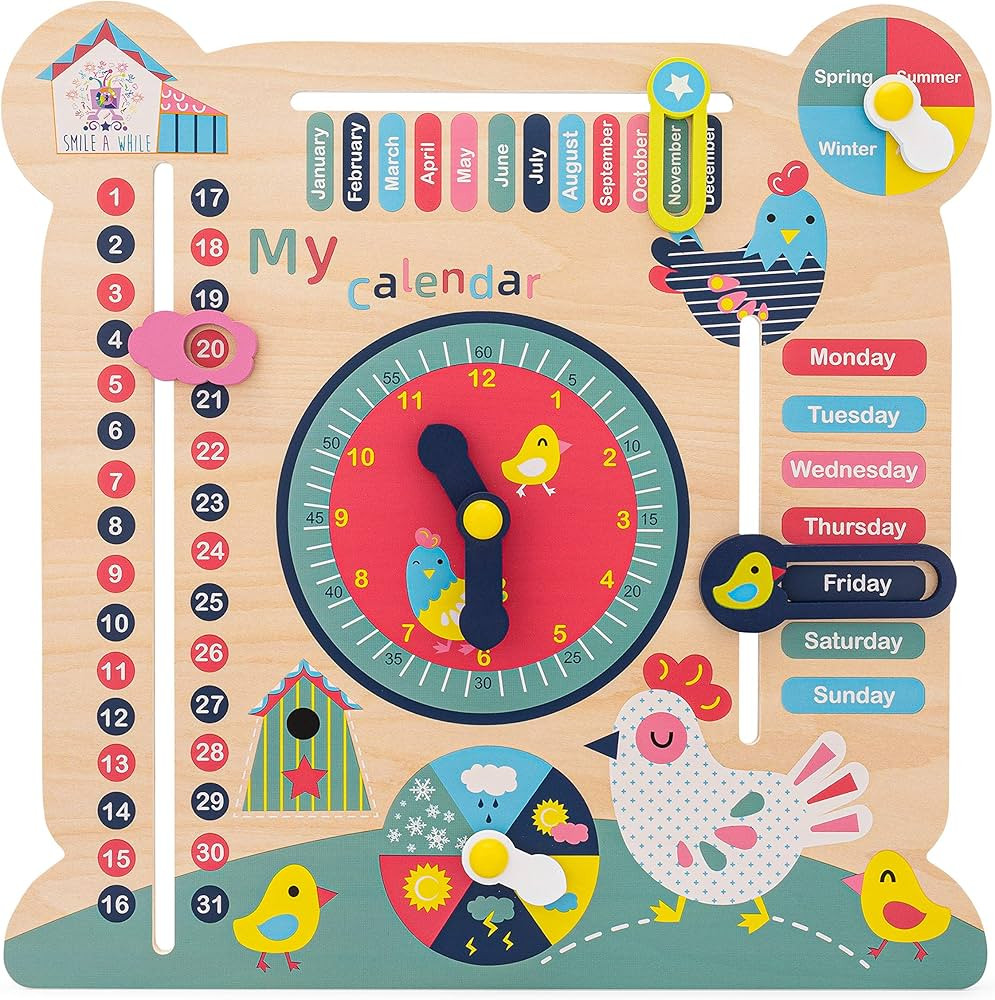 SMILE A WHILE Montessori Wooden Toys Kids Calendar Teaching Clock for Kids Learning to Tell time ... | Amazon (US)