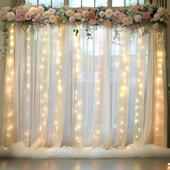 Champagne Tulle Backdrop Curtain with Lights String for Parites Wedding 10x8ft Champagne Sheer Br... | Amazon (US)
