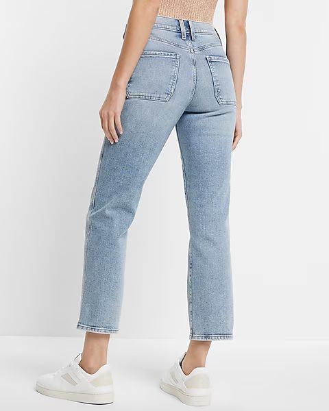 High Waisted Light Wash Side Button Straight Ankle Jeans | Express