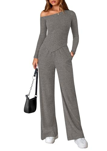PRETTYGARDEN Fall Two Piece Sets For Women 2025 Off Shoulder Tops Long Pants Knit Matching Lounge Set Airport Travel Outfits(Grey,Medium) | Amazon (US)