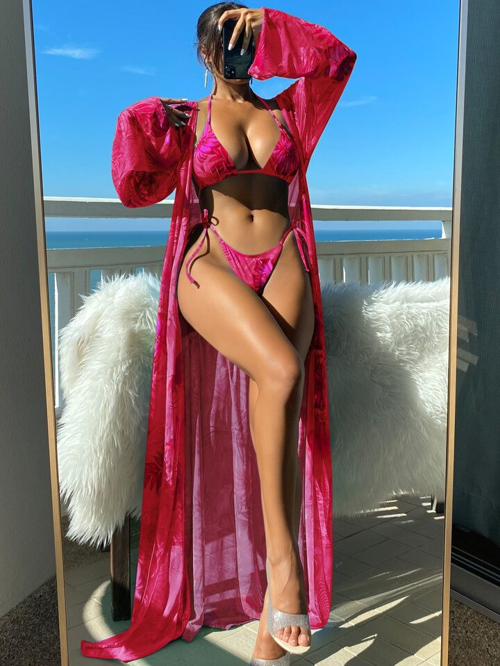 SHEIN Swim Summer Beach Tropical Print Triangle Bikini Set With Kimono | SHEIN