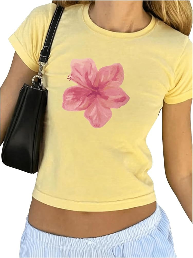 Women's Y2K Floral Print Graphic Tees Shirts Crewneck Short Sleeve Slim Fit Cute Crop Tops | Amazon (US)
