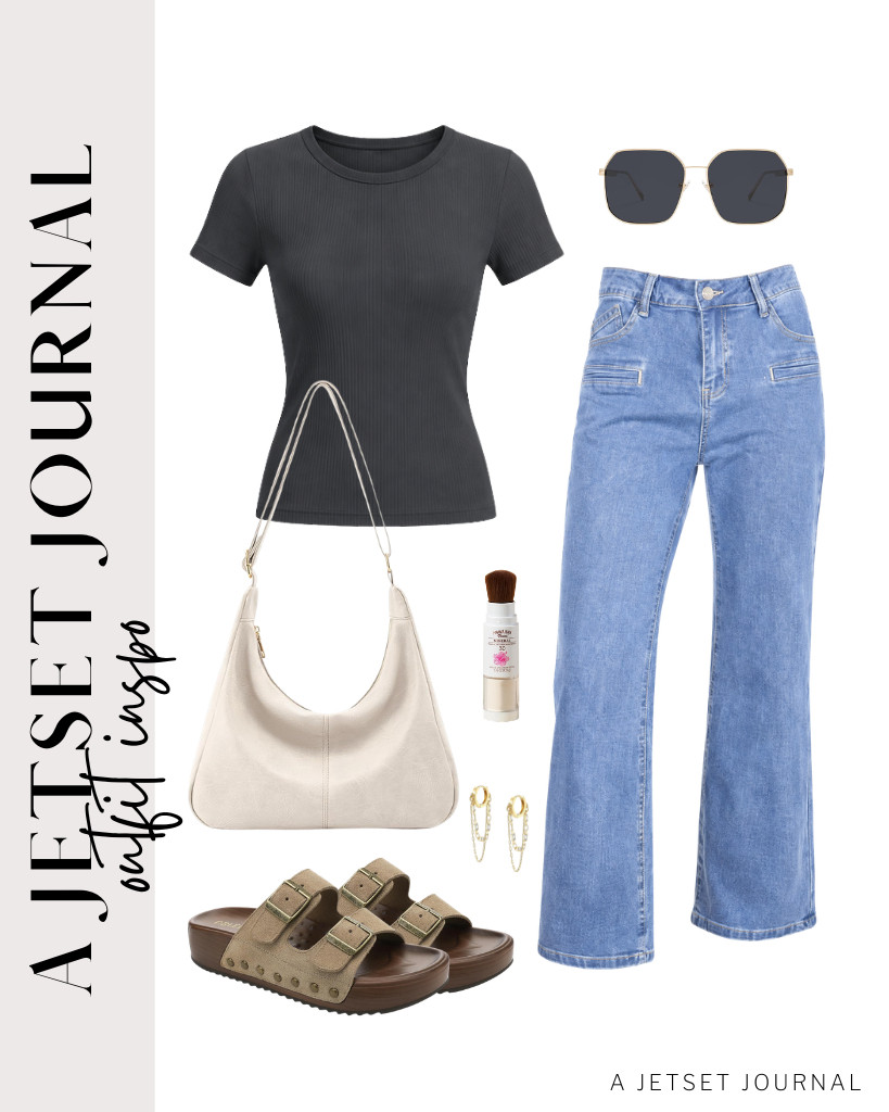 Your next outfit is a dark gray ribbed tee, straight-leg jeans, and UBFEN platform sandals. This leather shoulder bag and dangle earrings complement this fit.

#LTKSeasonal #LTKSaleAlert #LTKTravel
 

 