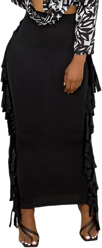 Lrady Women's Elastic Waist Slim Bodycon Side Tassels Long Maxi Pencil Skirts | Amazon (US)