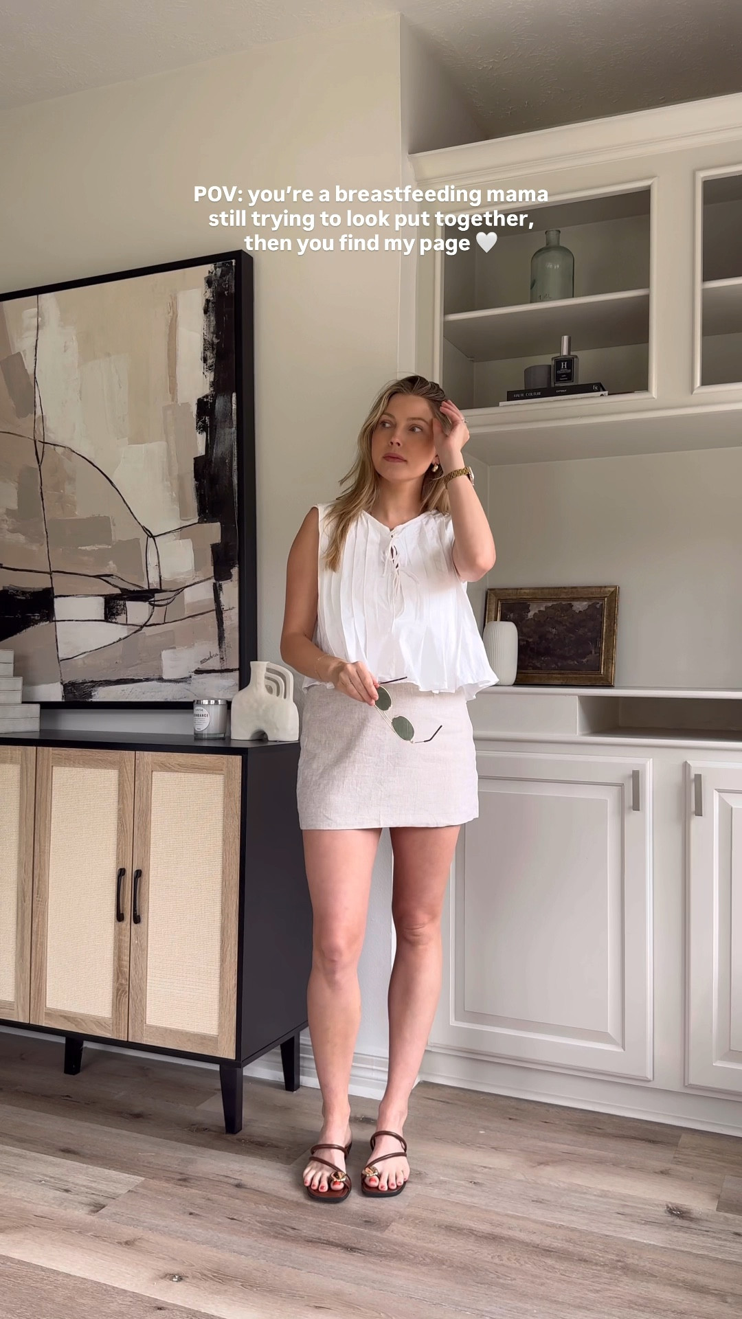 Nursing friendly summer outfit. I’m wearing a size S in the top and M in sports bra tank and linen skirt. Sandals tts. 