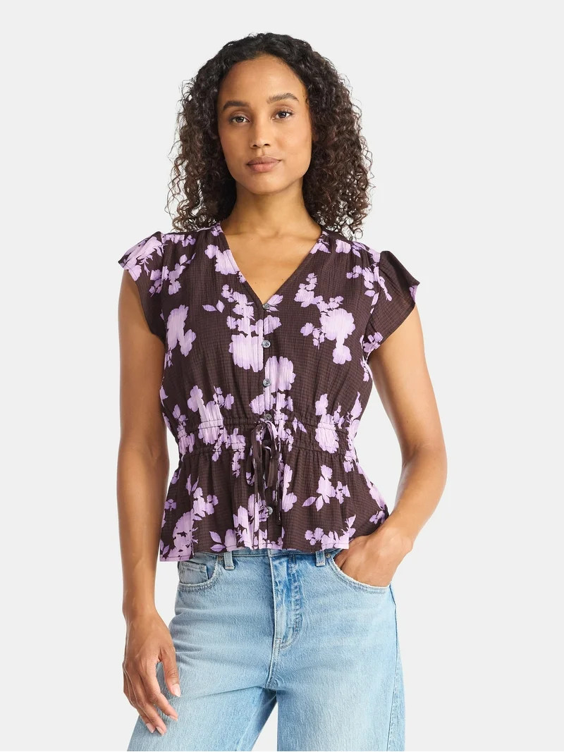 Time and Tru Women's Peplum Top with Flutter Sleeves, Sizes XS-XXXL | Walmart (US)